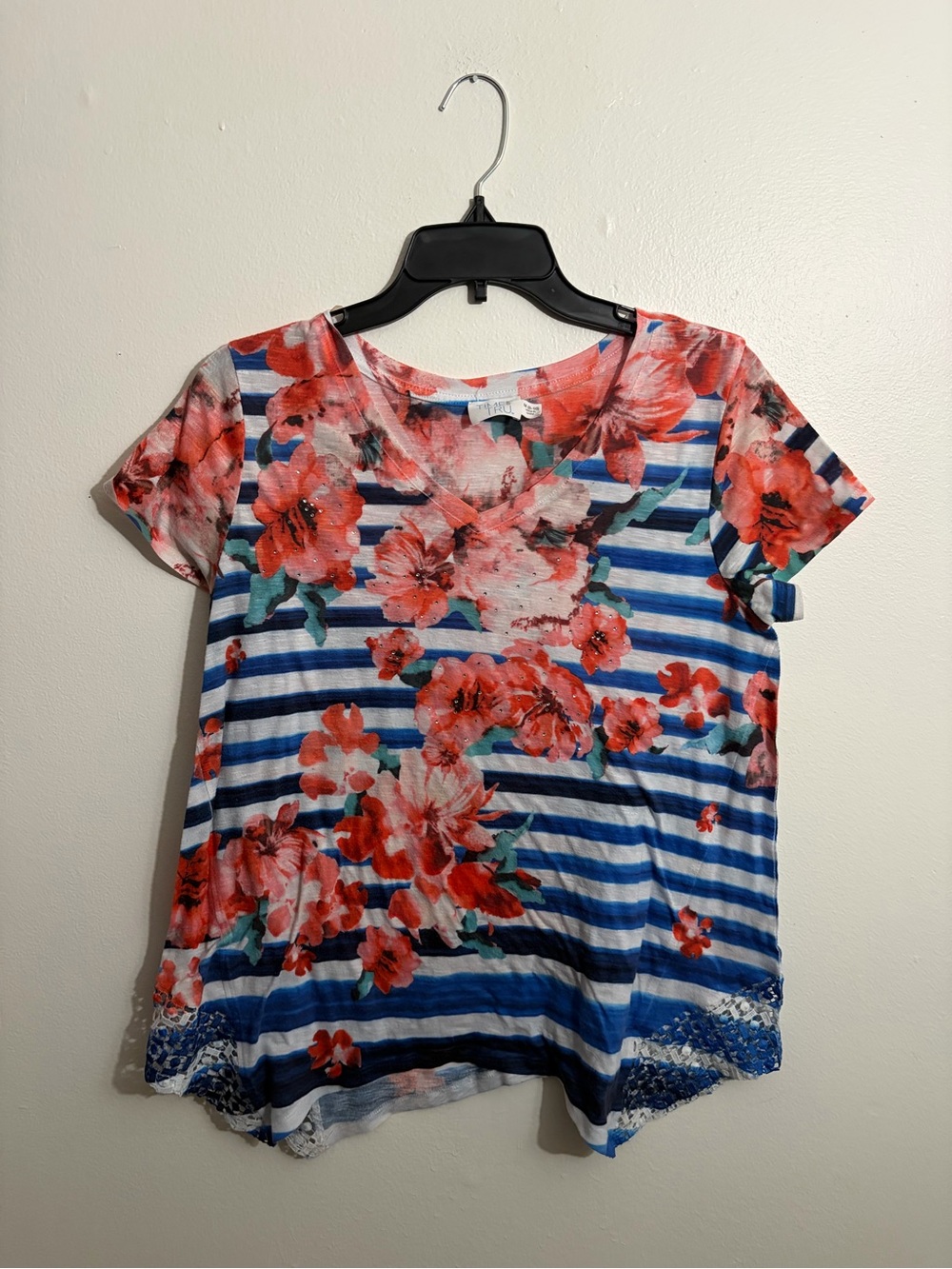 Striped Blue & Coral Floral V-Neck Women's Top